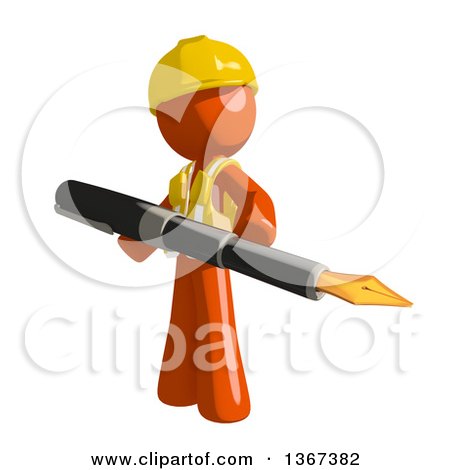 Clipart of an Orange Man Construction Worker Carrying a Fountain Pen - Royalty Free Illustration by Leo Blanchette