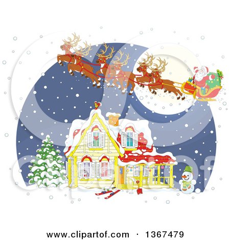Clipart of a Cartoon Christmas Eve Scene of Santa and His Reindeer Flying over a Home in the Snow - Royalty Free Vector Illustration by Alex Bannykh