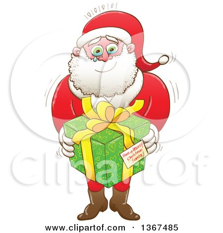 Clipart of a Cartoon Touched Santa Claus Crying and Holding a Gift - Royalty Free Vector Illustration by Zooco