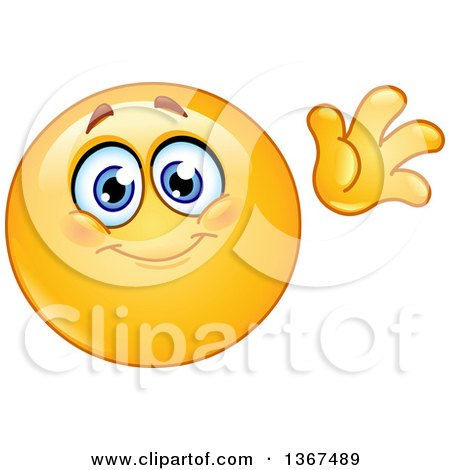 Clipart of a Cartoon Yellow Smiley Face Emoticon Emoji Waving Hello - Royalty Free Vector Illustration by yayayoyo