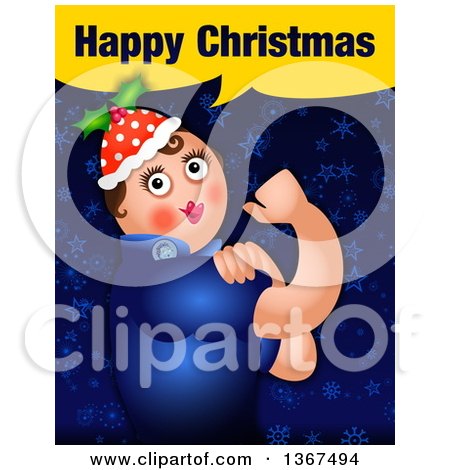 Clipart of a Rosie the Riveter Spoof with Happy Christmas Text over Blue Stars and Snowflakes - Royalty Free Illustration by Prawny