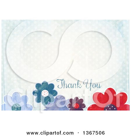 Clipart of a Distressed Blue Polka Dot and Flower Background with Thank You Text - Royalty Free Illustration by Prawny