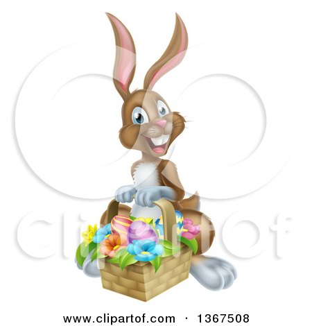 Clipart of a Happy Brown Easter Bunny with a Basket of Eggs and Flowers - Royalty Free Vector Illustration by AtStockIllustration