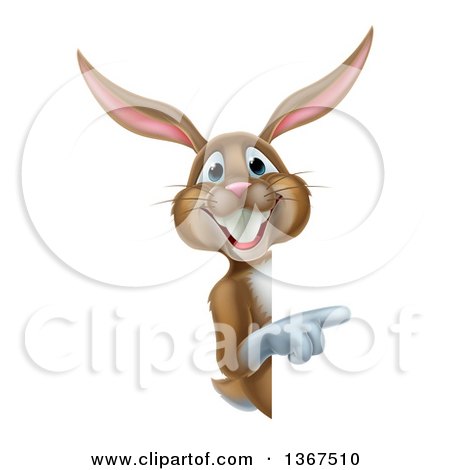Clipart of a Happy Brown Easter Bunny Rabbit Pointing Around a Sign - Royalty Free Vector Illustration by AtStockIllustration