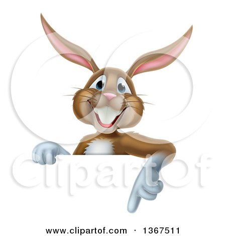 Clipart of a Happy Brown Easter Bunny Rabbit Pointing down at a Sign - Royalty Free Vector Illustration by AtStockIllustration