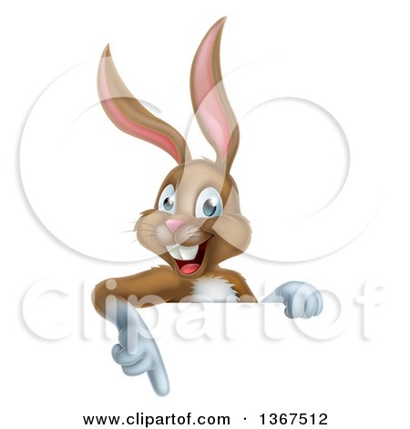 Clipart of a Happy Brown Easter Bunny Rabbit Pointing down over a Sign - Royalty Free Vector Illustration by AtStockIllustration