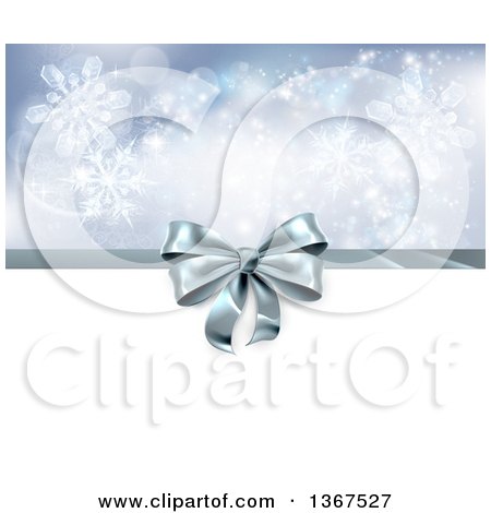 Clipart of a 3d Silver Christmas, Birthday or Other Holiday Gift Bow and Ribbon over Snowflakes and White - Royalty Free Vector Illustration by AtStockIllustration