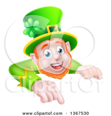 Clipart of a Cartoon Happy St Patricks Day Leprechaun Pointing down over a Sign - Royalty Free Vector Illustration by AtStockIllustration