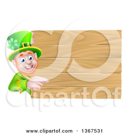 Clipart of a St Patricks Day Leprechaun Pointing Around a Wooden Sign - Royalty Free Vector Illustration by AtStockIllustration