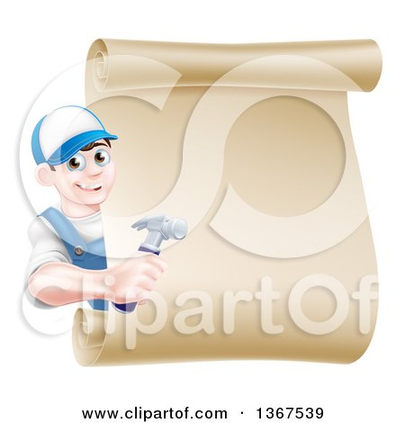 Clipart of a Happy Young Brunette Caucasian Worker Man Wearing a Baseball Cap, Holding a Hammer and Looking Around a Scroll Sign - Royalty Free Vector Illustration by AtStockIllustration