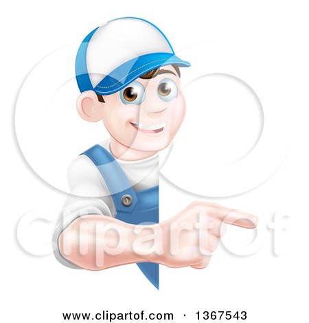 Clipart of a Happy Young Brunette Caucasian Mechanic Man in Blue, Wearing a Baseball Cap, Pointing Around a Sign - Royalty Free Vector Illustration by AtStockIllustration