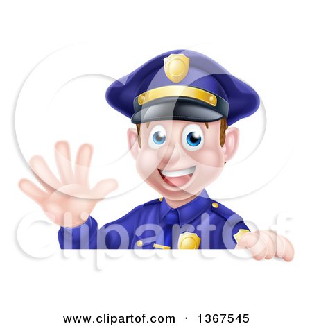 Clipart of a Cartoon Happy Caucasian Male Police Officer Waving over a Sign - Royalty Free Vector Illustration by AtStockIllustration