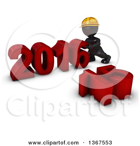 Clipart of a 3d Reflective Black Man Contractor Pushing Together a New Year 2016, with 15 on the Ground, over White - Royalty Free Illustration by KJ Pargeter