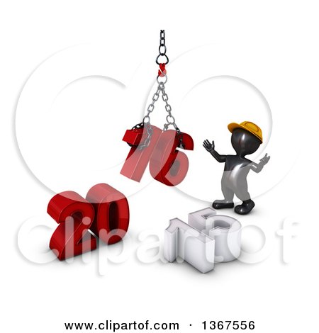 Clipart of a 3d Reflective Black Man Contractor Using a Hoist to Piece Together a New Year 2016, with 15 on the Ground, over White - Royalty Free Illustration by KJ Pargeter
