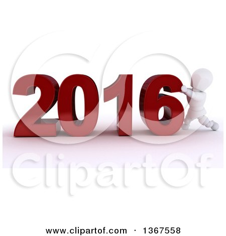 Clipart of a 3d White Character Pushing Together a New Year 2016, over White - Royalty Free Illustration by KJ Pargeter