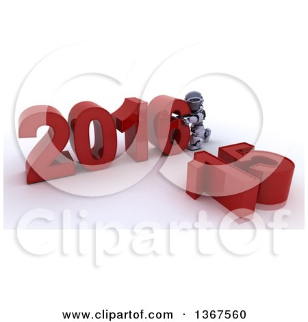 Clipart of a 3d Silver Robot Pushing Together a New Year 2016, with 15 on the Ground, over White - Royalty Free Illustration by KJ Pargeter