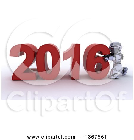 Clipart of a 3d Silver Robot Pushing Together a New Year 2016, over White - Royalty Free Illustration by KJ Pargeter