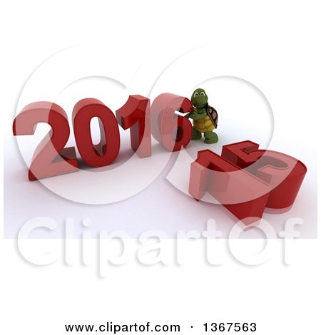 Clipart of a 3d Tortoise Pushing Together a New Year 2016, with 15 on the Ground, over White - Royalty Free Illustration by KJ Pargeter