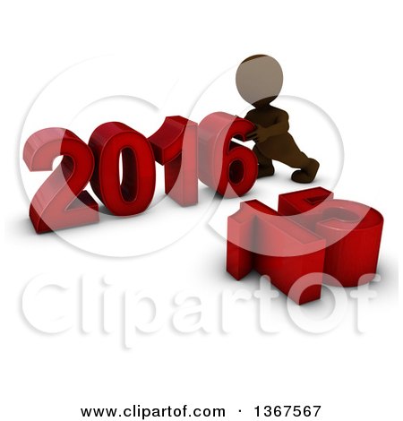 Clipart of a 3d Brown Man Pushing Together a New Year 2016, with 15 on the Ground, over White - Royalty Free Illustration by KJ Pargeter