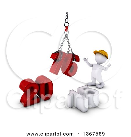 Clipart of a 3d White Man Contractor Using a Hoist to Piece Together a New Year 2016, with 15 on the Ground, over White - Royalty Free Illustration by KJ Pargeter
