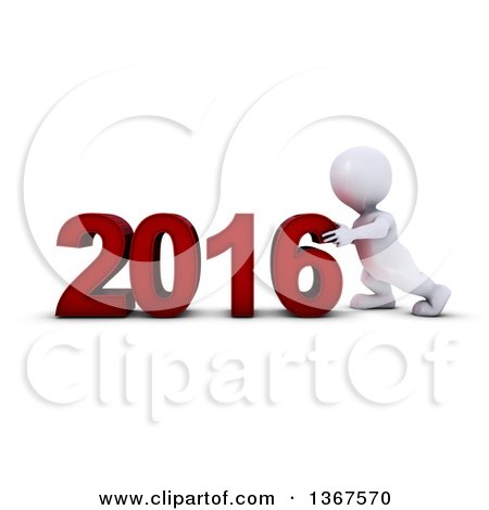 Clipart of a 3d White Man Pushing Together a New Year 2016, over White - Royalty Free Illustration by KJ Pargeter