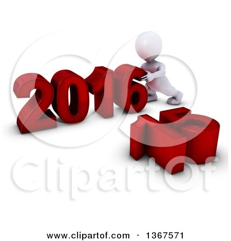 Clipart of a 3d White Man Pushing Together a New Year 2016, with 15 on the Ground, over White - Royalty Free Illustration by KJ Pargeter