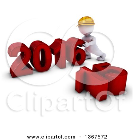Clipart of a 3d White Man Contractor Pushing Together a New Year 2016, with 15 on the Ground, over White - Royalty Free Illustration by KJ Pargeter