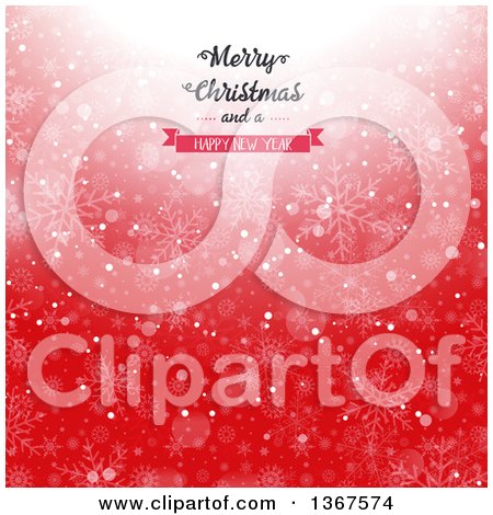 Clipart of a Merry Christmas and a Happy New Year Greeting over Red Bokeh and Snowflakes - Royalty Free Vector Illustration by KJ Pargeter