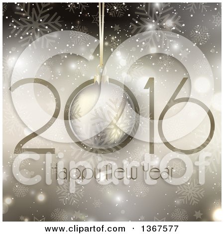 Clipart of a Happy New Year 2016 Greeting over Gold Bokeh Flares, Stars and Snowflakes - Royalty Free Vector Illustration by KJ Pargeter