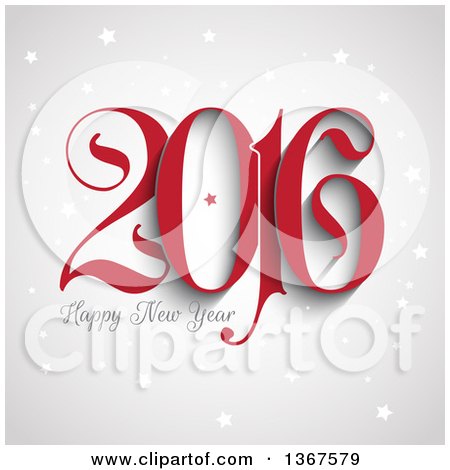 Clipart of a Red and Gray Happy New Year 2016 Greeting over Gray with Stars - Royalty Free Vector Illustration by KJ Pargeter