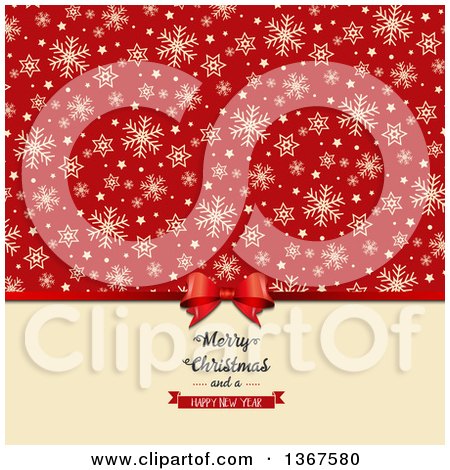 Clipart of a Gift Bow with a Merry Christmas and a Happy New Year Greeting Under Snowflakes and Stars on Red - Royalty Free Vector Illustration by KJ Pargeter