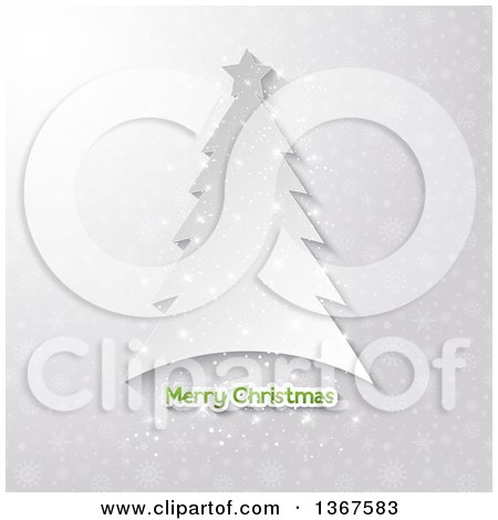 Clipart of a Paper Cutout Tree over a Merry Christmas Greeting on Gray Snowflakes - Royalty Free Vector Illustration by KJ Pargeter