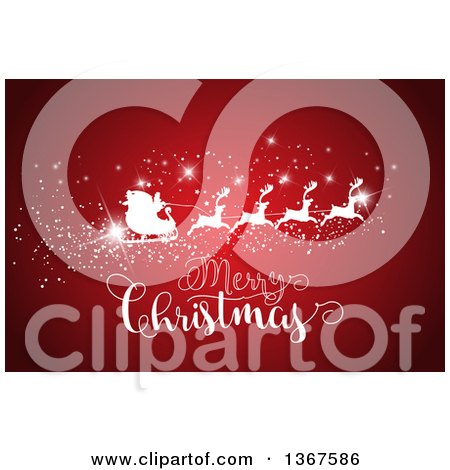 Clipart of a Magical Flying Sleigh with Santa, Reindeer and a Merry Christmas Greeting on Red - Royalty Free Vector Illustration by KJ Pargeter