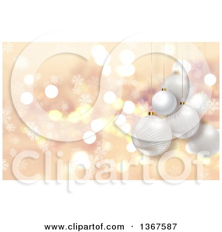 Clipart of a Christmas Background with 3d Suspended Baubles over Flares and Snowflakes - Royalty Free Illustration by KJ Pargeter