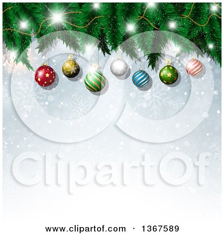Clipart of a Christmas Background of 3d Suspended Baubles on a Tree, over Snowflakes and Bokeh - Royalty Free Vector Illustration by KJ Pargeter