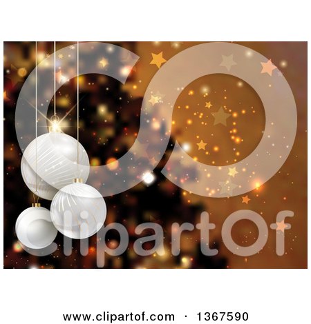 Clipart of a Christmas Background of 3d Suspended Baubles over a Blurred Tree, Stars and Bokeh on Gold - Royalty Free Vector Illustration by KJ Pargeter