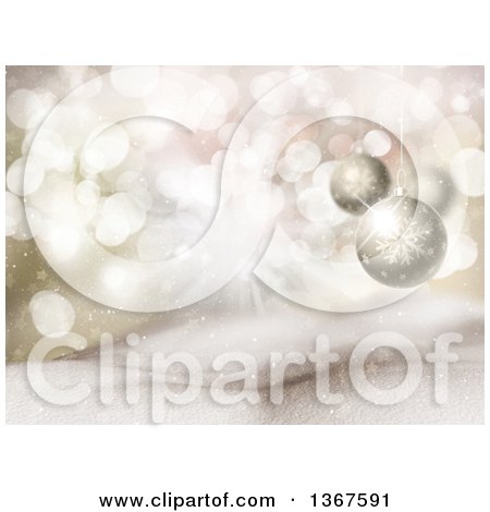 Clipart of a Christmas Background with 3d Suspended Baubles over Flares, Stars and Snow - Royalty Free Illustration by KJ Pargeter