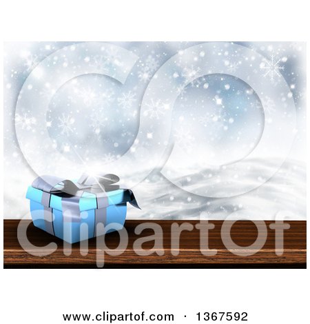 Clipart of a 3d Short Blue Gift Box on Wood over a Snowy Landscape - Royalty Free Illustration by KJ Pargeter