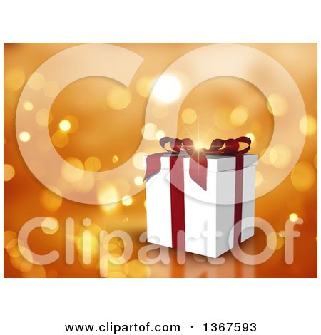 Clipart of a 3d Gift Box over Golden Bokeh Flares - Royalty Free Illustration by KJ Pargeter