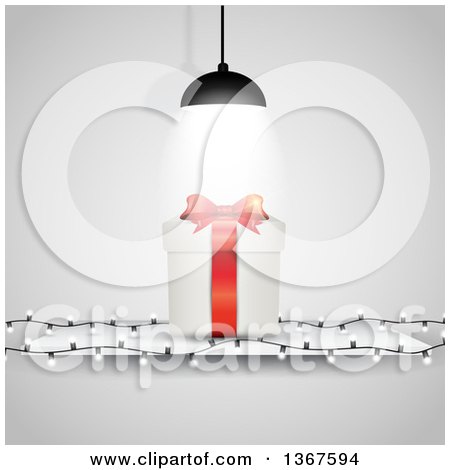 Clipart of a 3d Christmas Gift with a Strand of Lights, Under a Lamp - Royalty Free Vector Illustration by KJ Pargeter
