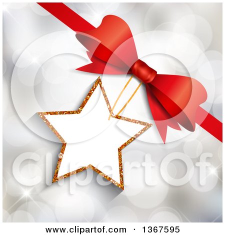 Clipart of a 3d Glitter Star Shaped Gift Tag Attached to a Red Bow over Bokeh Flares - Royalty Free Vector Illustration by KJ Pargeter
