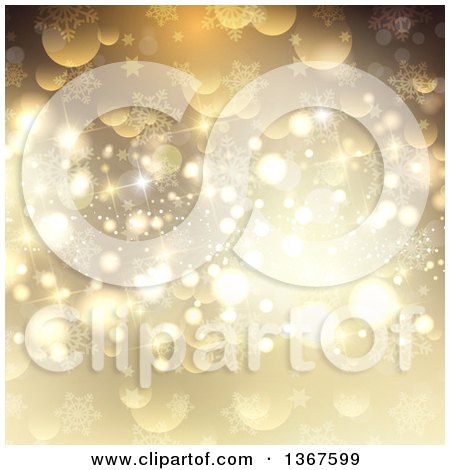 Clipart of a Gold Christmas Background with Bokeh, Stars and Snowflakes - Royalty Free Vector Illustration by KJ Pargeter