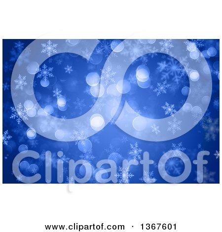 Clipart of a Christmas Background of Snowflakes over Blue Bokeh and Lights - Royalty Free Illustration by KJ Pargeter