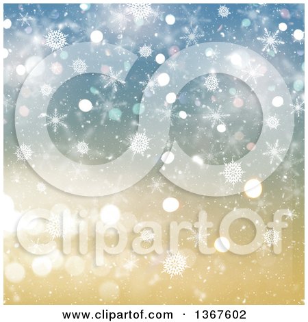 Clipart of a Christmas Background of Snowflakes over Gold and Blue Bokeh and Lights - Royalty Free Illustration by KJ Pargeter