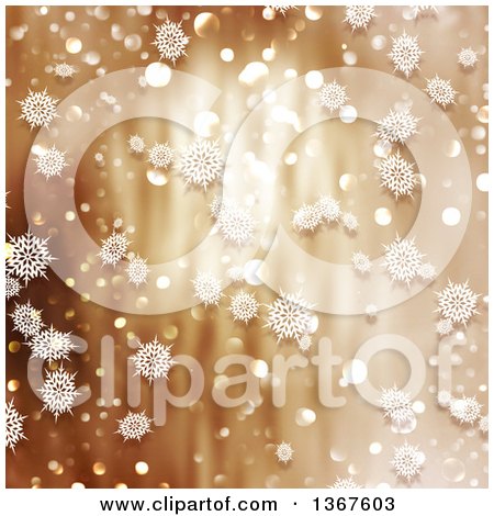 Clipart of a Christmas Background of Snowflakes over Gold Bokeh and Lights - Royalty Free Illustration by KJ Pargeter