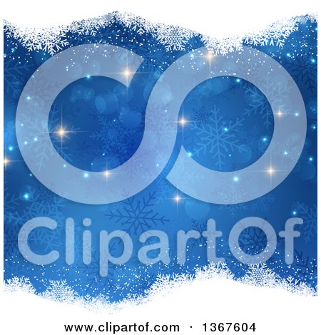 Clipart of a Blue Christmas Background with Snowflakes and Borders of White Snow - Royalty Free Vector Illustration by KJ Pargeter