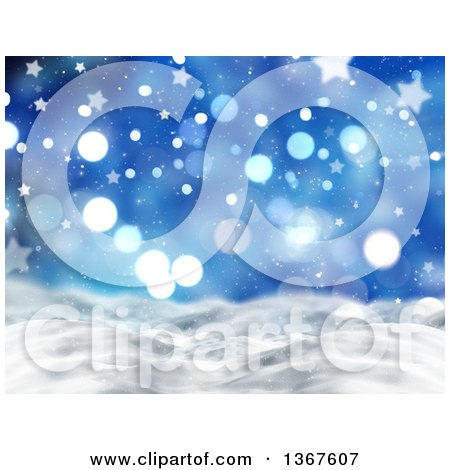 Clipart of a Christmas Background of 3d Snowy Hills with Blue Stars and Bokeh Lights - Royalty Free Illustration by KJ Pargeter