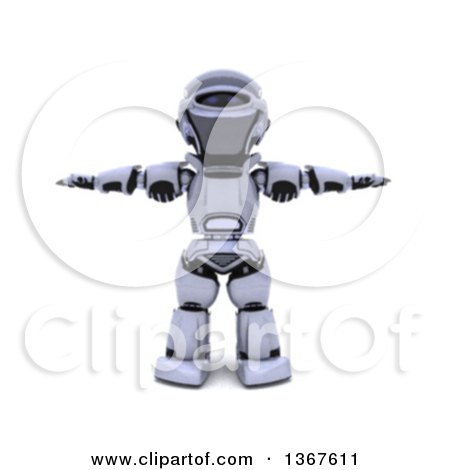 Clipart of a 3d Silver Robot Standing with His Arms out at His Sides, Slightly Blurred, on White - Royalty Free Illustration by KJ Pargeter