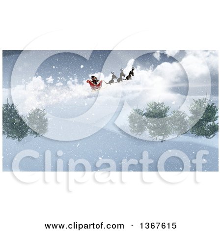 Clipart of a 3d Santa Flying His Magic Sleigh over a Snowy Landscape - Royalty Free Illustration by KJ Pargeter