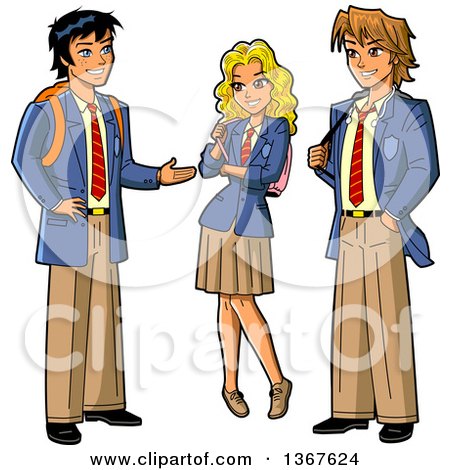 Clipart of a Group of Three Anime Stymed Teenage High School Studens in Uniforms - Royalty Free Vector Illustration by Clip Art Mascots